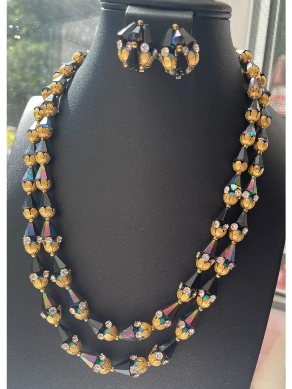 Vtg Demi Parure Double Strand Necklace & Earrings W/ Aurora Borealis Bugle Beads